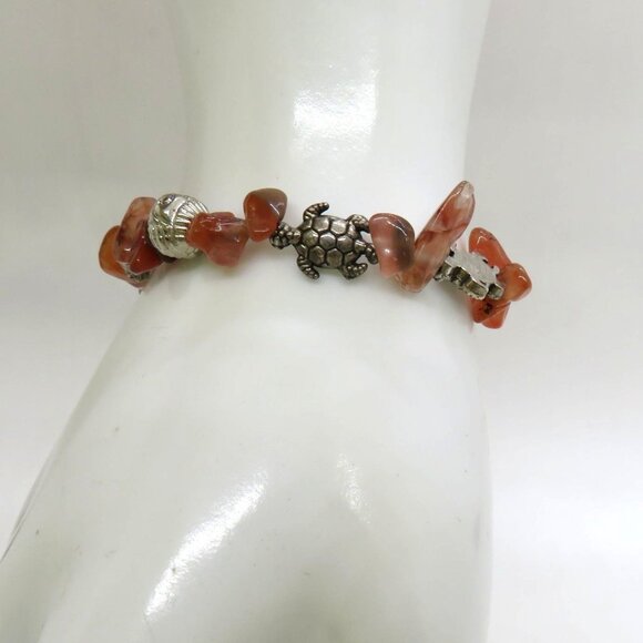 Carnelian Stone Chips Silver Bracelet Sea Turtle Silver Tone Charms - Picture 2 of 7